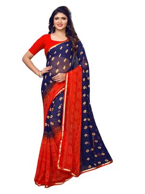 Navy Blue Printed Chiffon Sarees With Blouse 1