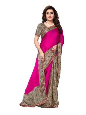 Pink Printed Satin Sarees With Blouse 2