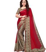 Red Printed Satin Sarees With Blouse