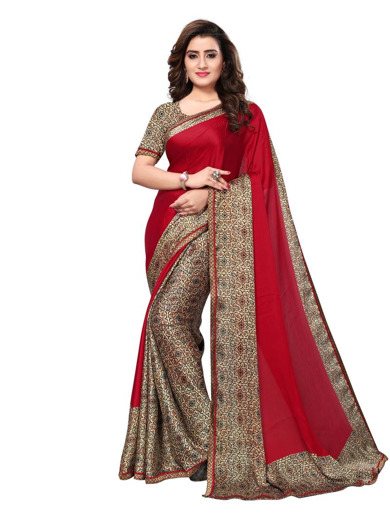 Red Printed Satin Sarees With Blouse