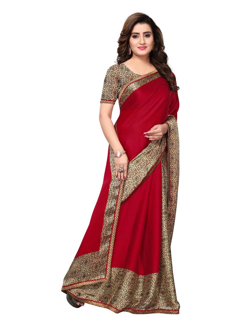 Red Printed Satin Sarees With Blouse