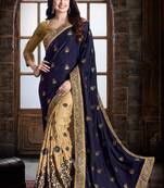 Dark Blue & cream  embroidered  silk saree with blouse