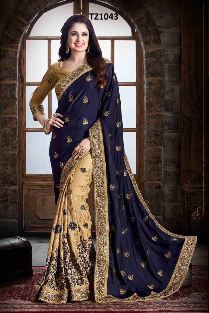 Dark Blue & cream  embroidered  silk saree with blouse