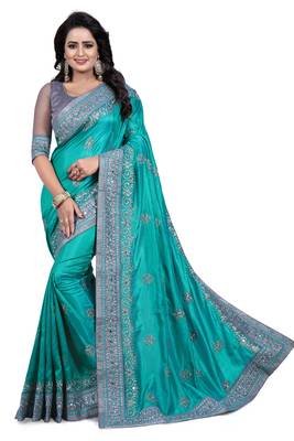 Green embroidered  silk saree with blouse 1