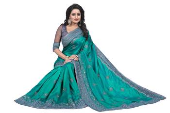 Green embroidered  silk saree with blouse 2