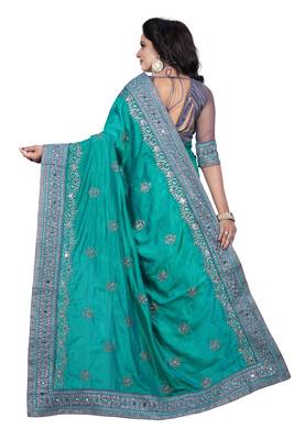 Green embroidered  silk saree with blouse 3