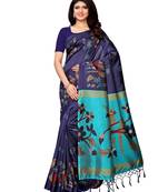 Navy Blue Printed Art Silk Sarees With Blouse