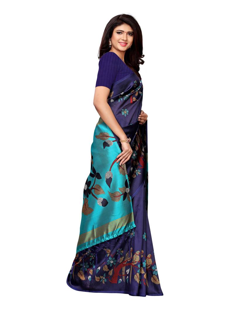 Navy Blue Printed Art Silk Sarees With Blouse