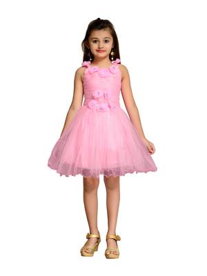 Pink plain net kids frocks 1