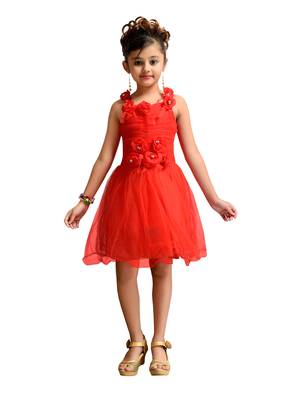 Red plain net kids frocks 1