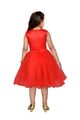 Red embroidered net kids frocks 3