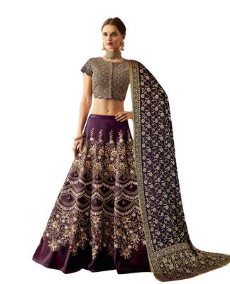 Purple Embroidered
 Silk Semi Stitched Lehenga 1