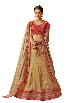 Beige Embroidered Jacquard Semi Stitched Lehenga 1