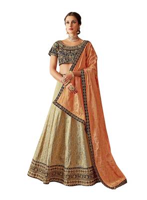 Cream Embroidered
 Jacquard Semi Stitched Lehenga 1