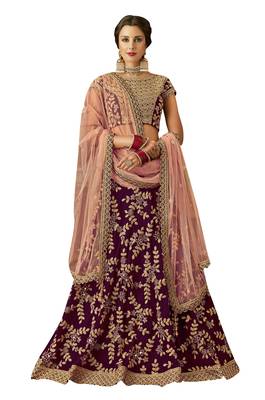 Wine Embroidered Silk Semi Stitched Lehenga 1
