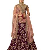 Wine Embroidered Silk Semi Stitched Lehenga
