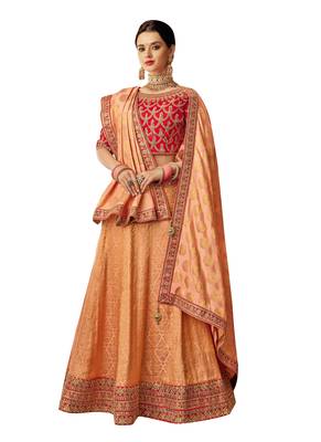 Peach Embroidered Brocade Semi Stitched Lehenga 1