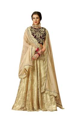Beige Embroidered Net Semi Stitched Lehenga 1
