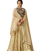 Beige Embroidered Net Semi Stitched Lehenga