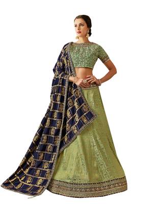 Green Embroidered Silk Semi Stitched Lehenga 1