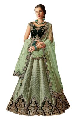 Green Embroidered
 Silk Semi Stitched Lehenga 1