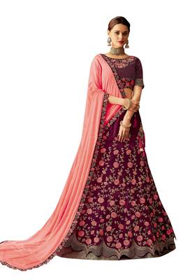 Wine Embroidered Silk Semi Stitched Lehenga 1