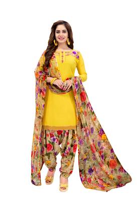Yellow Printed Crepe unstitched salwar with dupatta 1