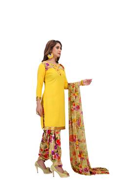 Yellow Printed Crepe unstitched salwar with dupatta 4