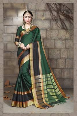 green hand woven cotton silk saree with blouse 1