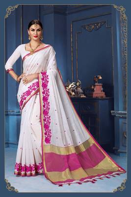 white hand woven cotton silk saree with blouse 1