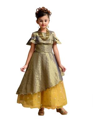 Green printed satin kids gown 1