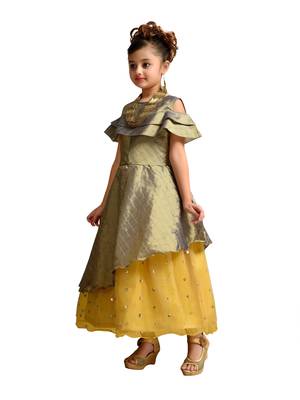 Green printed satin kids gown 4