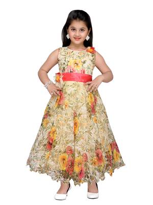 Yellow printed net kids gown 1