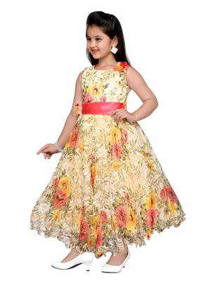 Yellow printed net kids gown 3
