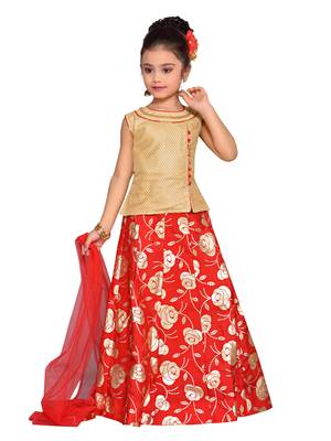 Gold printed brocade kids lehenga choli 1