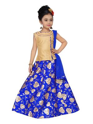 Gold printed brocade kids lehenga choli 1