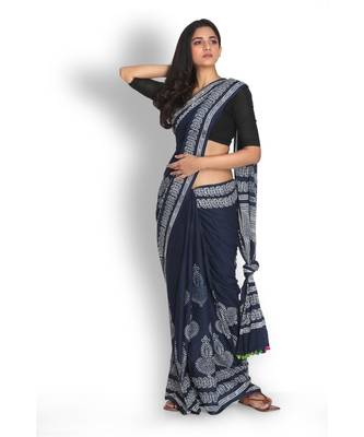 blue printed cotton saree with blouse 1