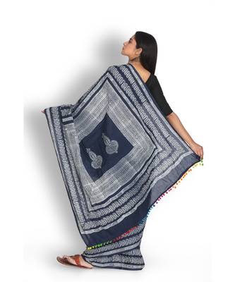 blue printed cotton saree with blouse 2