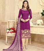 Purple embroidered chanderi salwar with dupatta