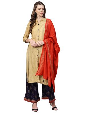 Beige printed viscose rayon kurta-sets 1