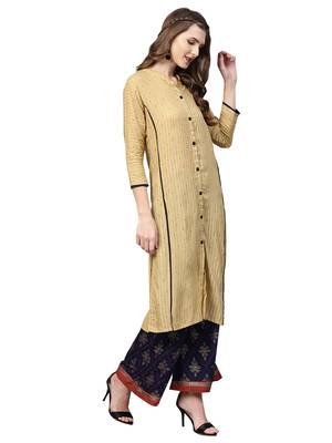 Beige printed viscose rayon kurta-sets 3