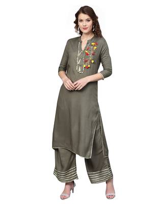 Grey embroidered viscose rayon kurta-sets 1