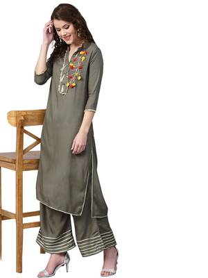 Grey embroidered viscose rayon kurta-sets 3