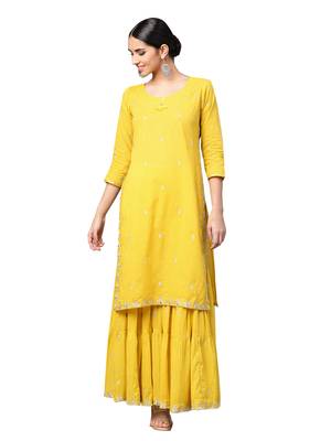Mustard embroidered cotton kurta-sets 1