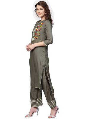 Grey embroidered viscose rayon kurta-sets 4