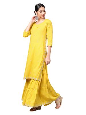 Mustard embroidered cotton kurta-sets 3