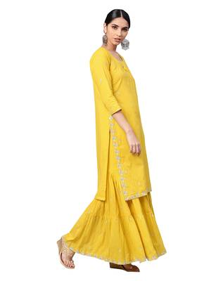 Mustard embroidered cotton kurta-sets 4