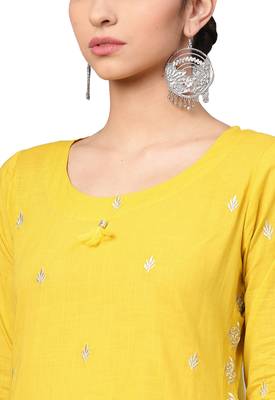 Mustard embroidered cotton kurta-sets 5