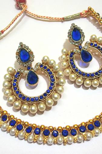 Dark Blue Tilak Pearl Polki Necklace Set
