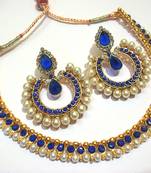 Dark Blue Tilak Pearl Polki Necklace Set